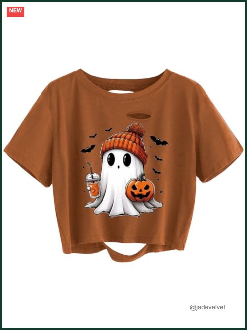 Women's Distressed Crop Tee Halloween Ghost Pumpkin Graphic Fall